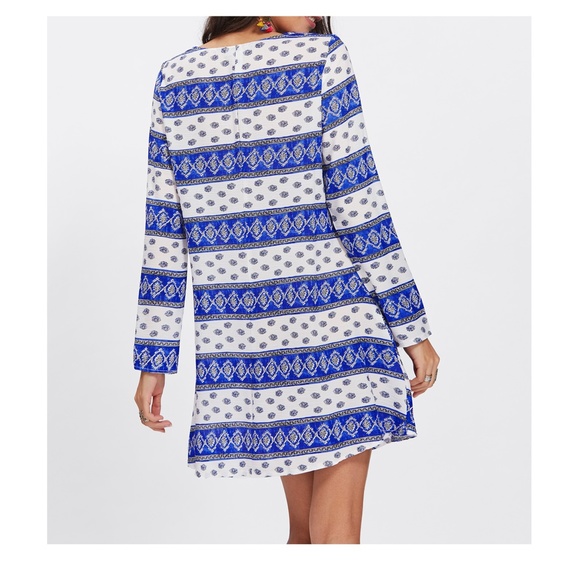 Blue White Print Long Sleeve Boho Shift Dress - Picture 4 of 5